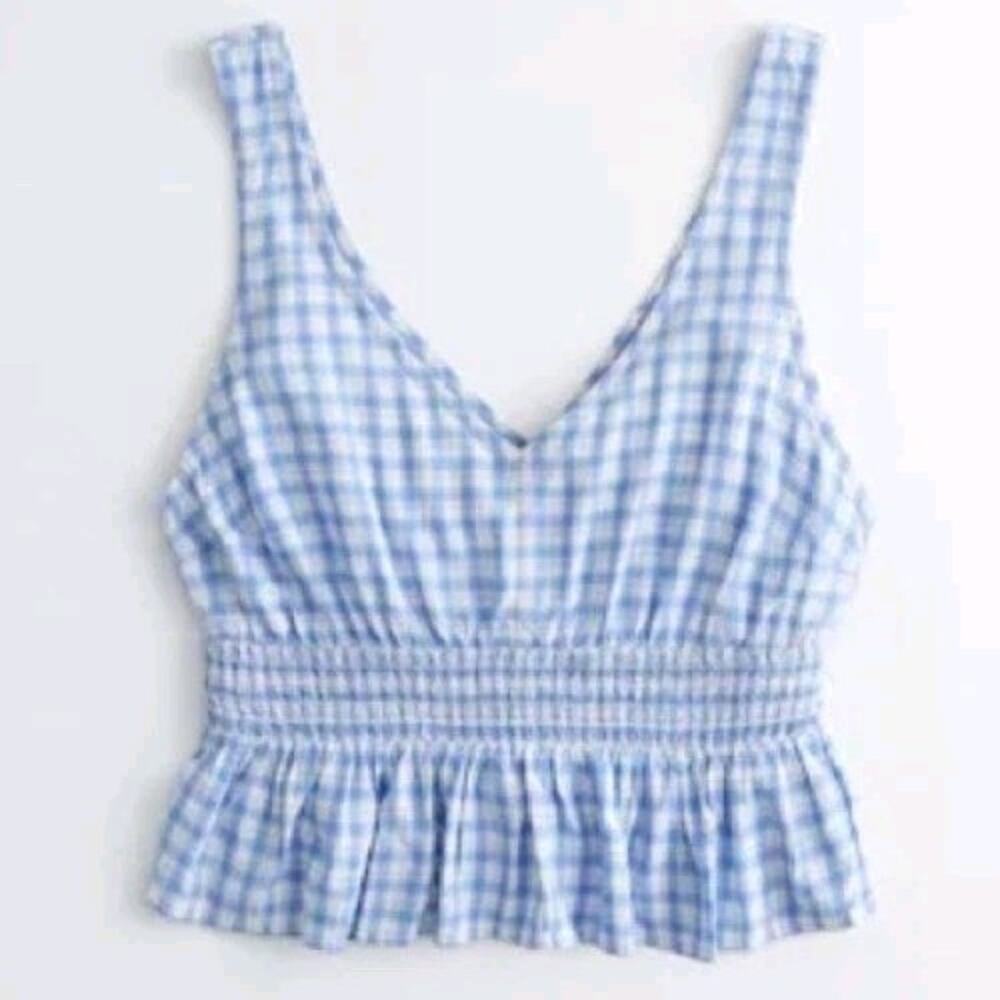 Hollister Co Blue White Gingham Plaid Crop Top Peasant Blouse Tank Top Peplum XS